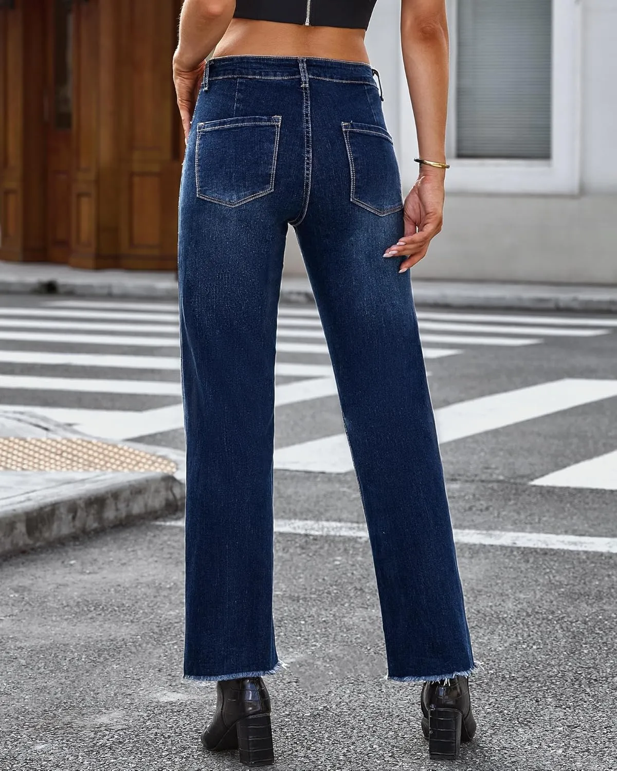 GRAPENT Straight Leg Jeans for Women High Waisted Stretchy Frayed Raw Hem Loose Denim Pants Casual Baggy Jean Trousers