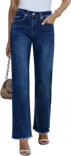 GRAPENT Straight Leg Jeans for Women High Waisted Stretchy Frayed Raw Hem Loose Denim Pants Casual Baggy Jean Trousers