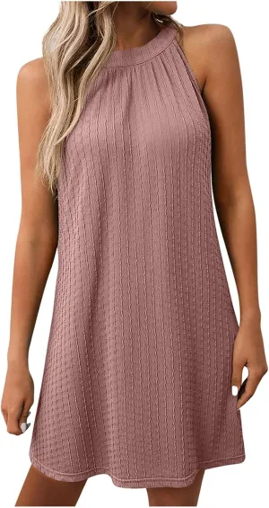 Halter Neck Dresses for Women Short Sleeveless Summer Dresses High Neck Tank Dresss Knee Length Boho Flowy Dress