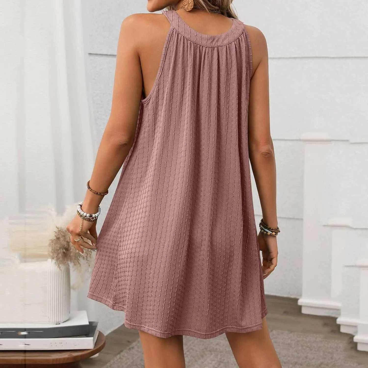 Halter Neck Dresses for Women Short Sleeveless Summer Dresses High Neck Tank Dresss Knee Length Boho Flowy Dress