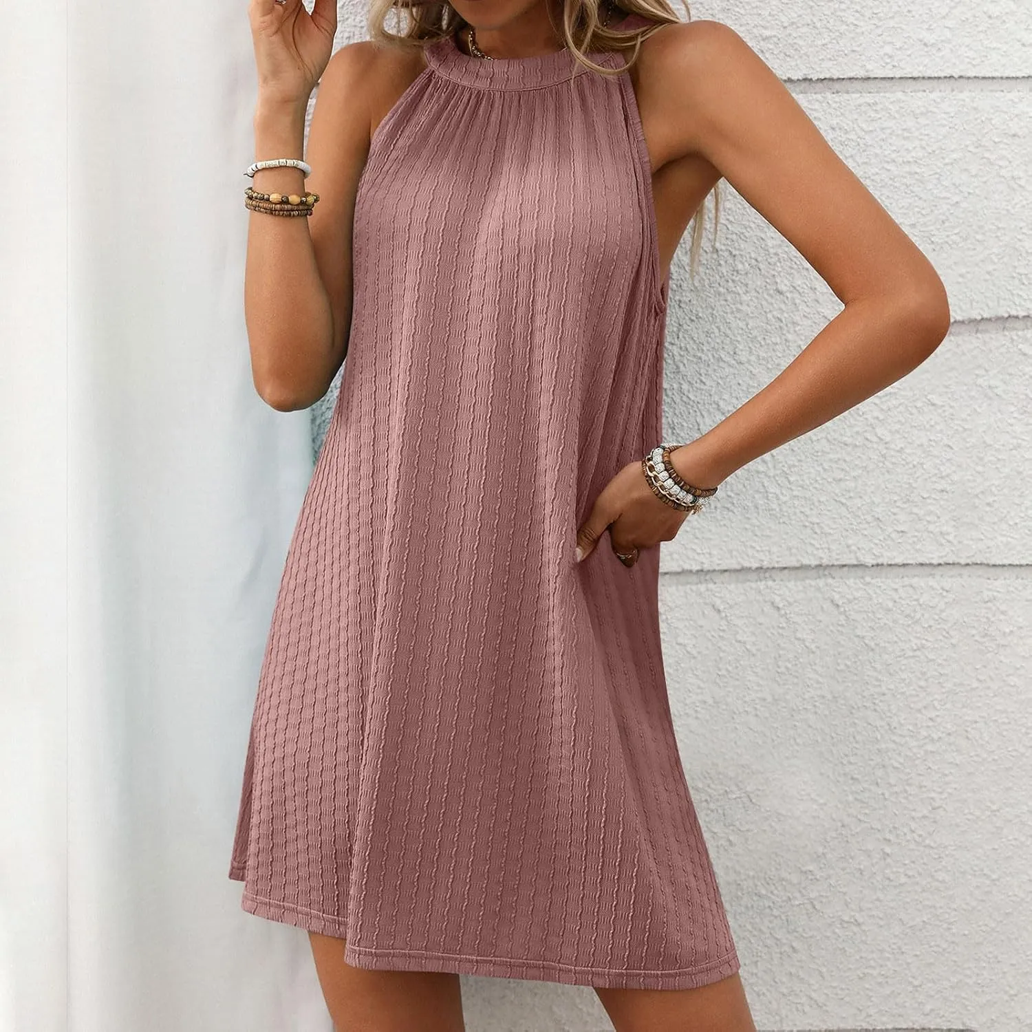 Halter Neck Dresses for Women Short Sleeveless Summer Dresses High Neck Tank Dresss Knee Length Boho Flowy Dress