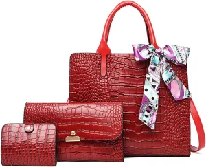 Handbag for Women Tote Messenger Bag PU Alligator Leather Purse Card Hold 3 Pcs Set
