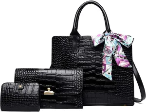 Handbag for Women Tote Messenger Bag PU Alligator Leather Purse Card Hold 3 Pcs Set