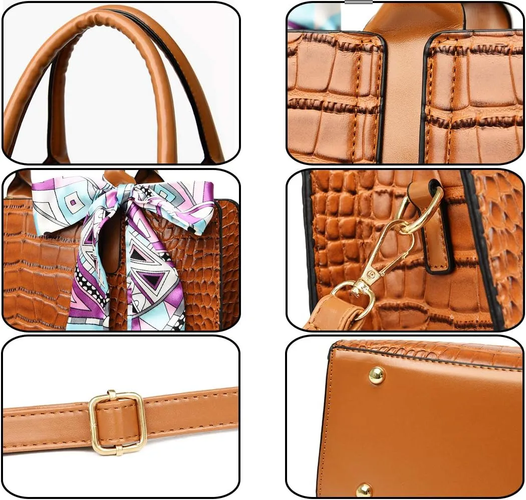 Handbag for Women Tote Messenger Bag PU Alligator Leather Purse Card Hold 3 Pcs Set