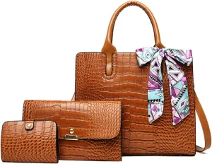 Handbag for Women Tote Messenger Bag PU Alligator Leather Purse Card Hold 3 Pcs Set