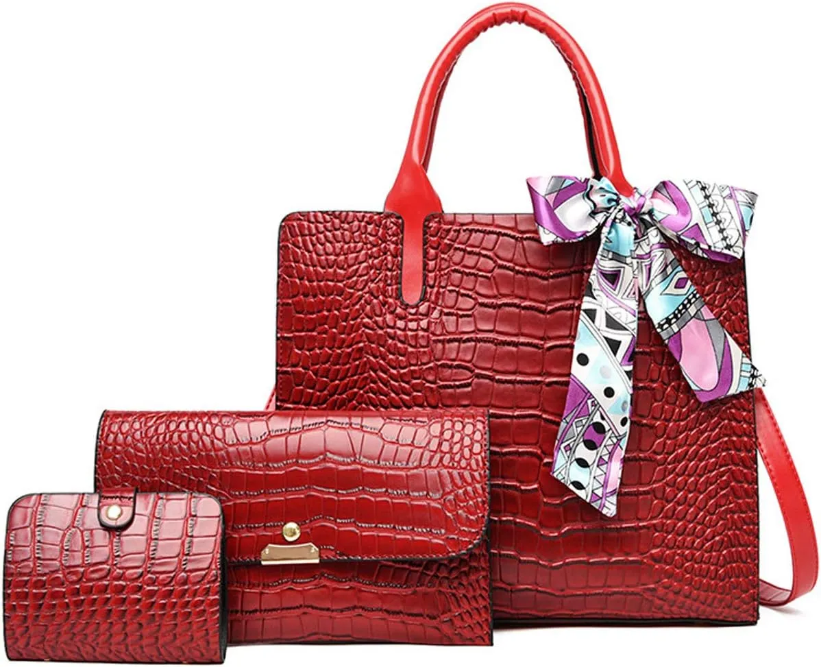Handbag for Women Tote Messenger Bag PU Alligator Leather Purse Card Hold 3 Pcs Set