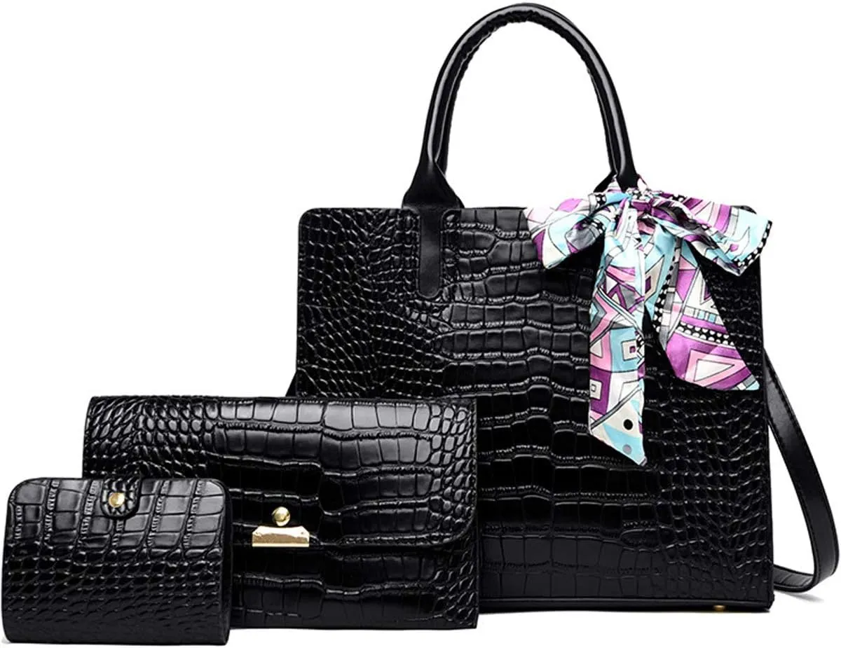 Handbag for Women Tote Messenger Bag PU Alligator Leather Purse Card Hold 3 Pcs Set