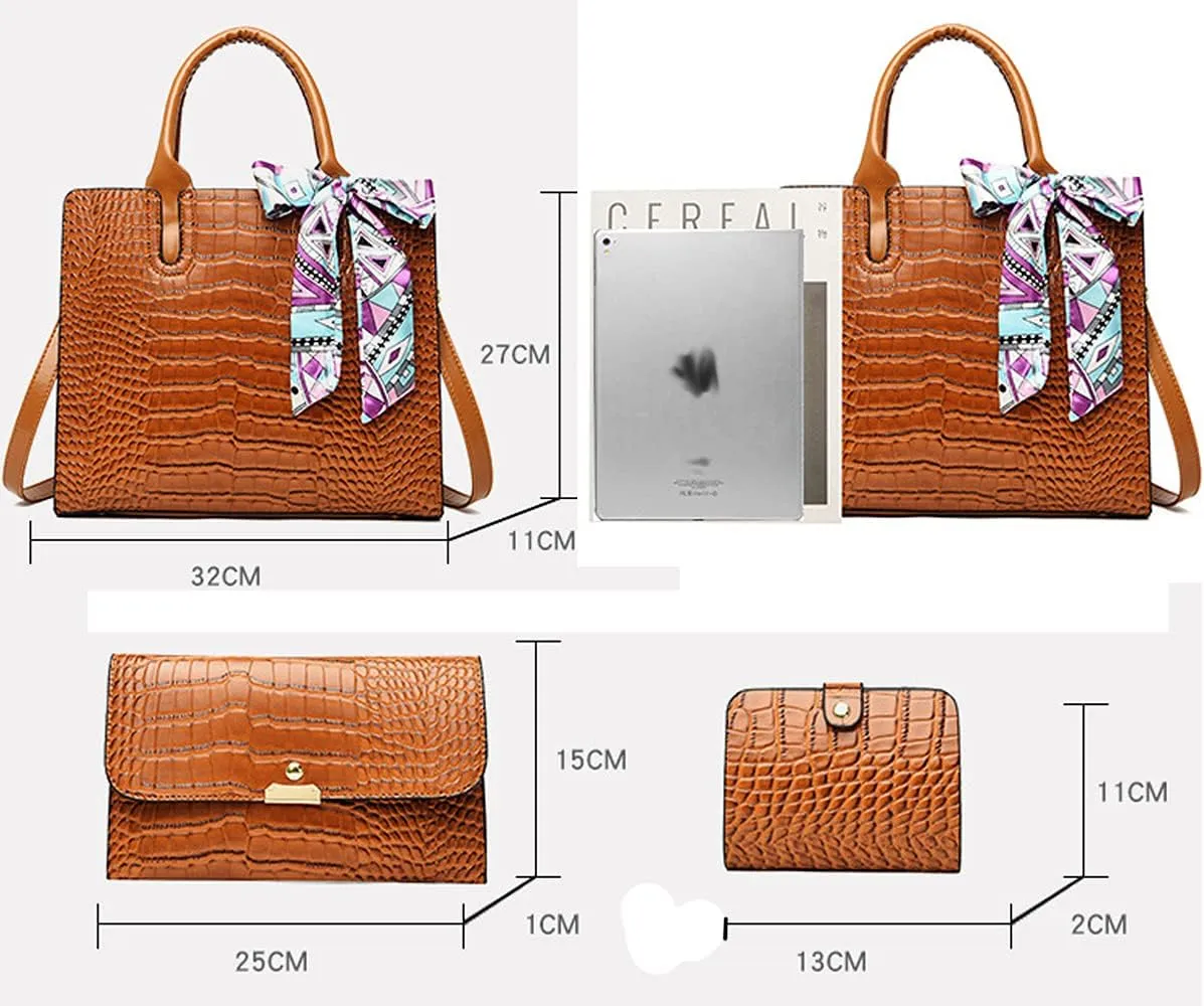 Handbag for Women Tote Messenger Bag PU Alligator Leather Purse Card Hold 3 Pcs Set