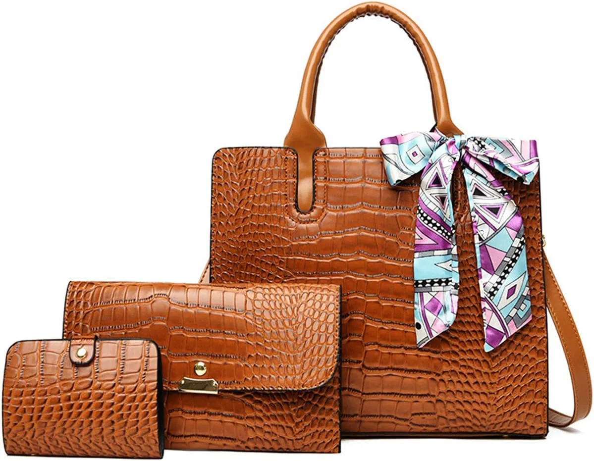 Handbag for Women Tote Messenger Bag PU Alligator Leather Purse Card Hold 3 Pcs Set