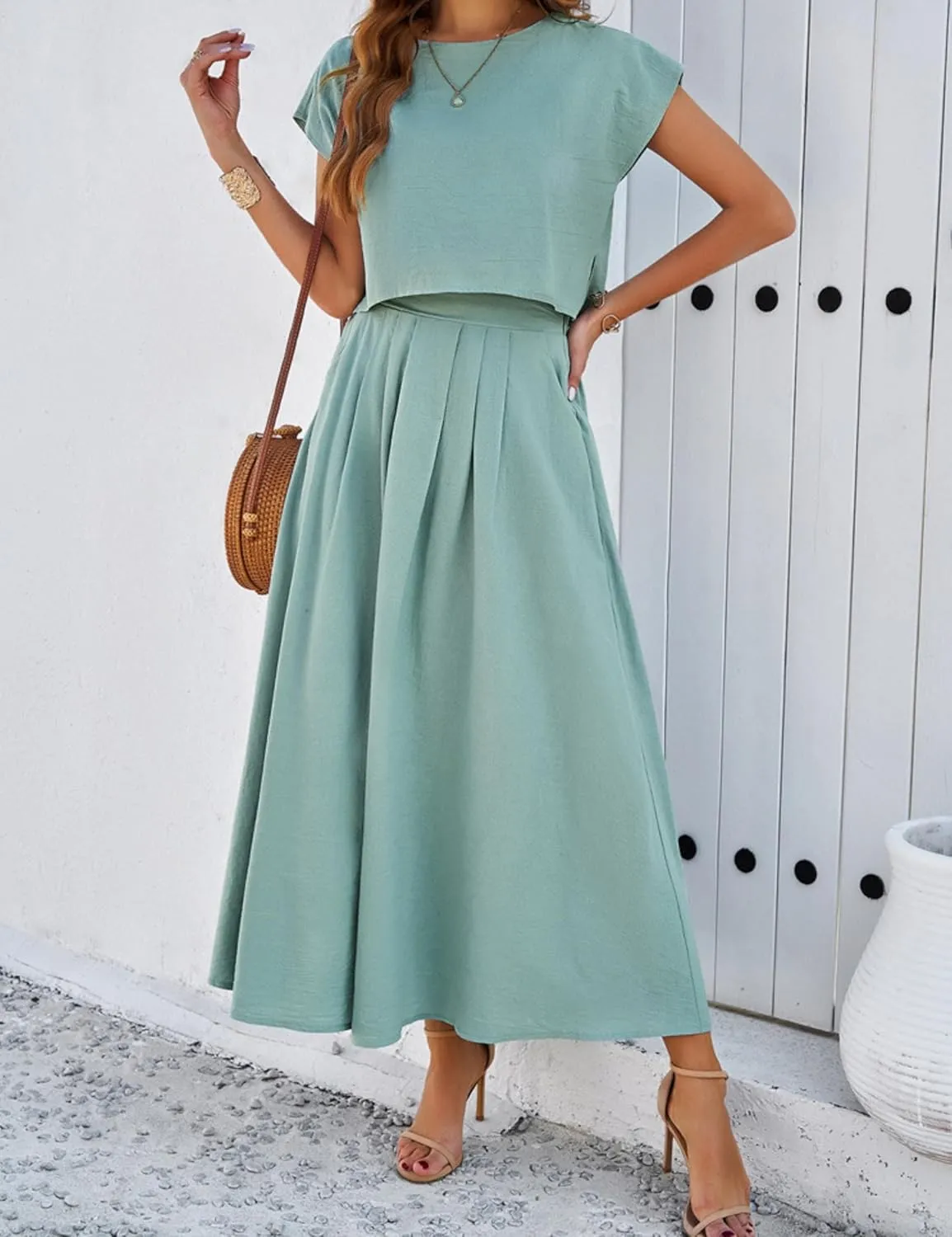 HangNiFang Summer Skirt Sets Women 2 Piece Outfits Cap Sleeve Top Elastic Waist Maxi Dress Sets with Pockets