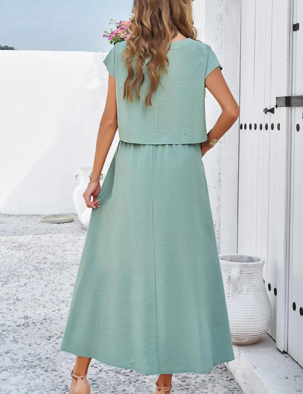 HangNiFang Summer Skirt Sets Women 2 Piece Outfits Cap Sleeve Top Elastic Waist Maxi Dress Sets with Pockets