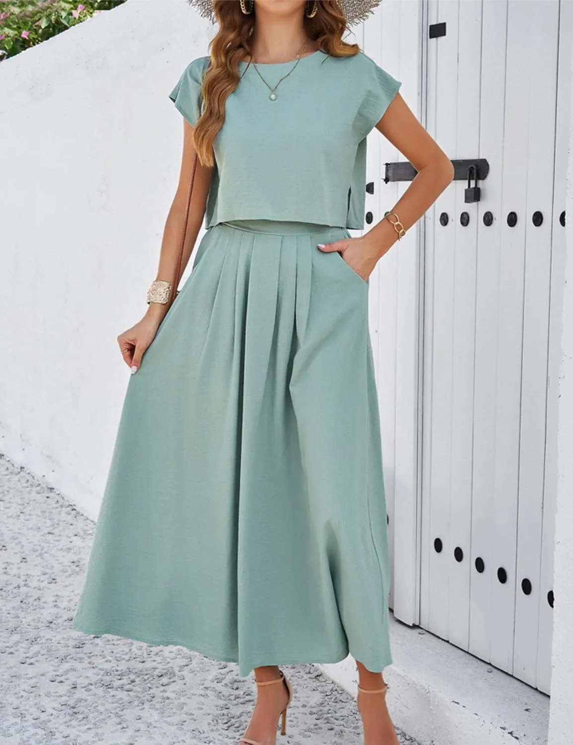 HangNiFang Summer Skirt Sets Women 2 Piece Outfits Cap Sleeve Top Elastic Waist Maxi Dress Sets with Pockets