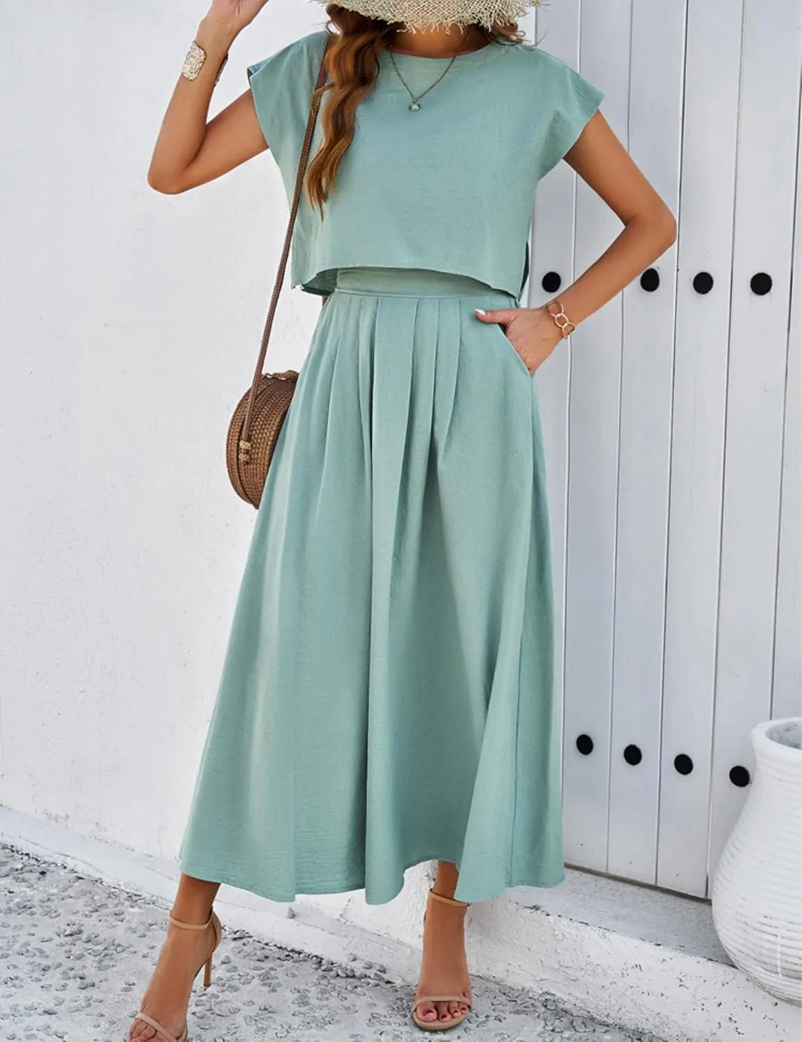 HangNiFang Summer Skirt Sets Women 2 Piece Outfits Cap Sleeve Top Elastic Waist Maxi Dress Sets with Pockets