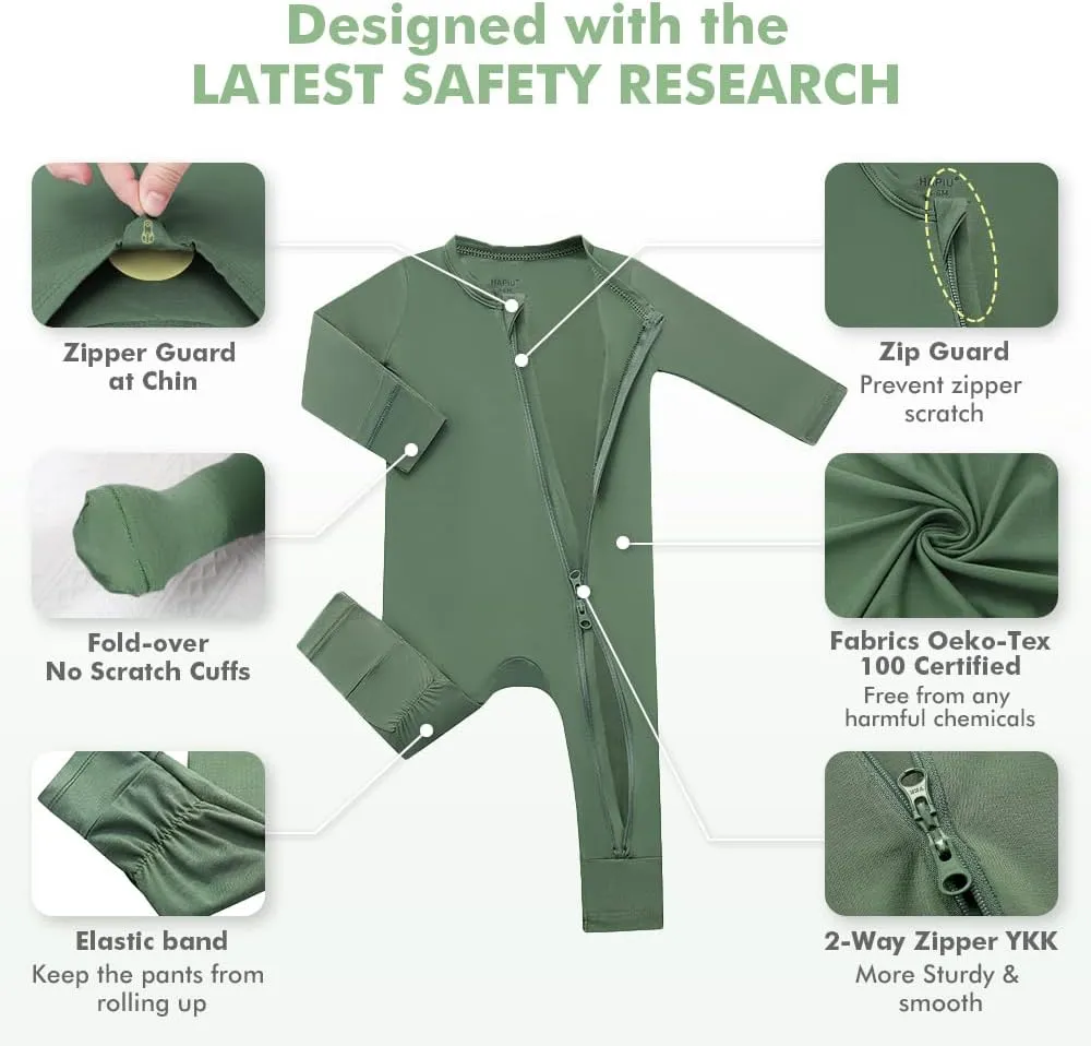 HAPIU Unisex Rayon Made from Bamboo Baby Rompers with Cuffs, 2 Way Zipper YKK, Footless Pajamas Jumpsuit