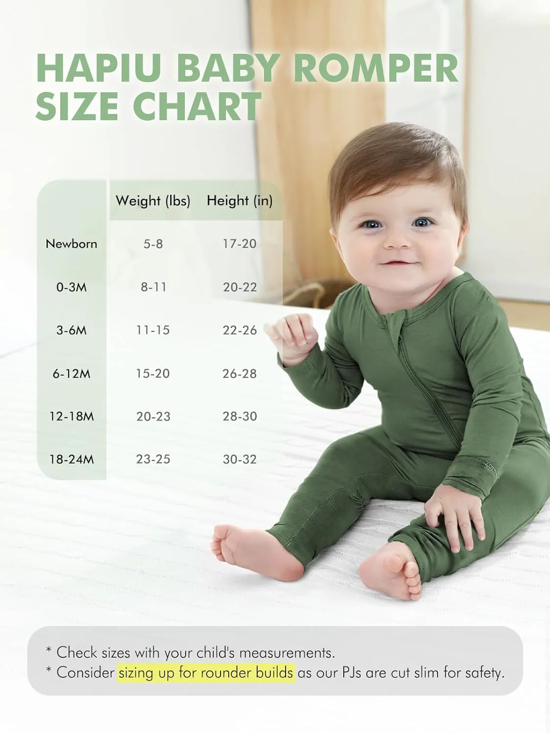 HAPIU Unisex Rayon Made from Bamboo Baby Rompers with Cuffs, 2 Way Zipper YKK, Footless Pajamas Jumpsuit