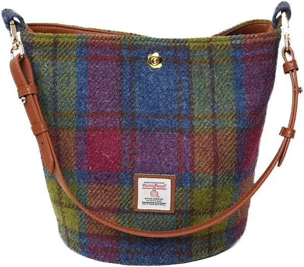Harris Tweed Bucket Bag Shoulder Bag Handbag for Women with Leather Strap 9.4 x 7 inch * 8.2 inch