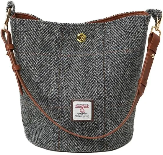 Harris Tweed Bucket Bag Shoulder Bag Handbag for Women with Leather Strap 9.4 x 7 inch * 8.2 inch