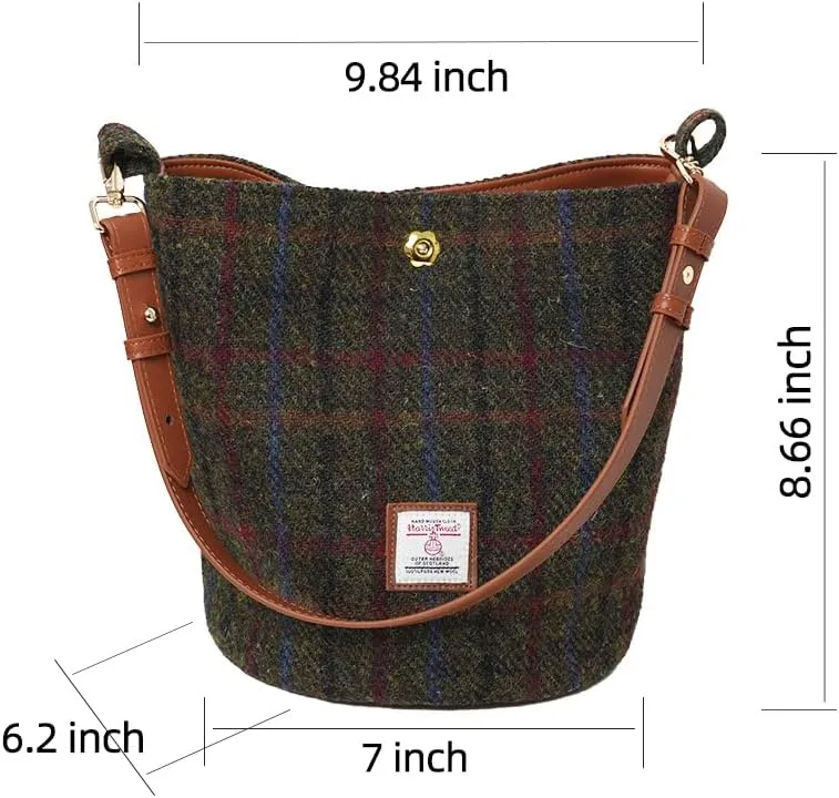 Harris Tweed Bucket Bag Shoulder Bag Handbag for Women with Leather Strap 9.4 x 7 inch * 8.2 inch