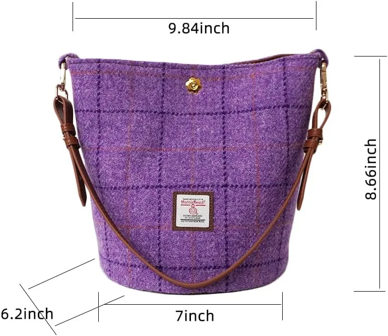 Harris Tweed Bucket Bag Shoulder Bag Handbag for Women with Leather Strap 9.4 x 7 inch * 8.2 inch