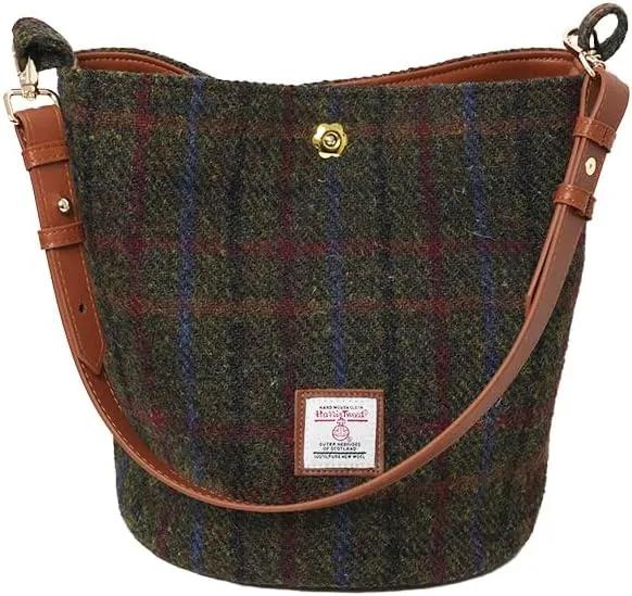 Harris Tweed Bucket Bag Shoulder Bag Handbag for Women with Leather Strap 9.4 x 7 inch * 8.2 inch