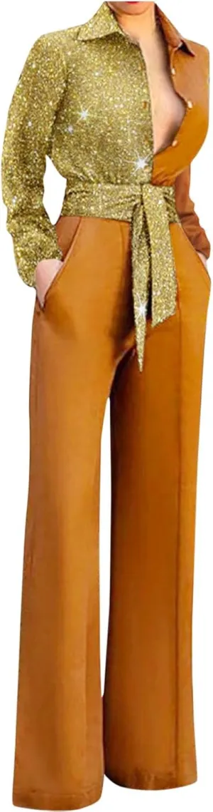 HGps8w Jumpsuits for Women Dressy Sparkly Elegant Long Sleeve Blouses High Waisted One Piece Sequins Wide Leg Pants Rompers