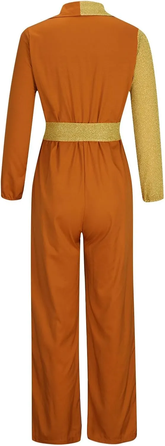 HGps8w Jumpsuits for Women Dressy Sparkly Elegant Long Sleeve Blouses High Waisted One Piece Sequins Wide Leg Pants Rompers