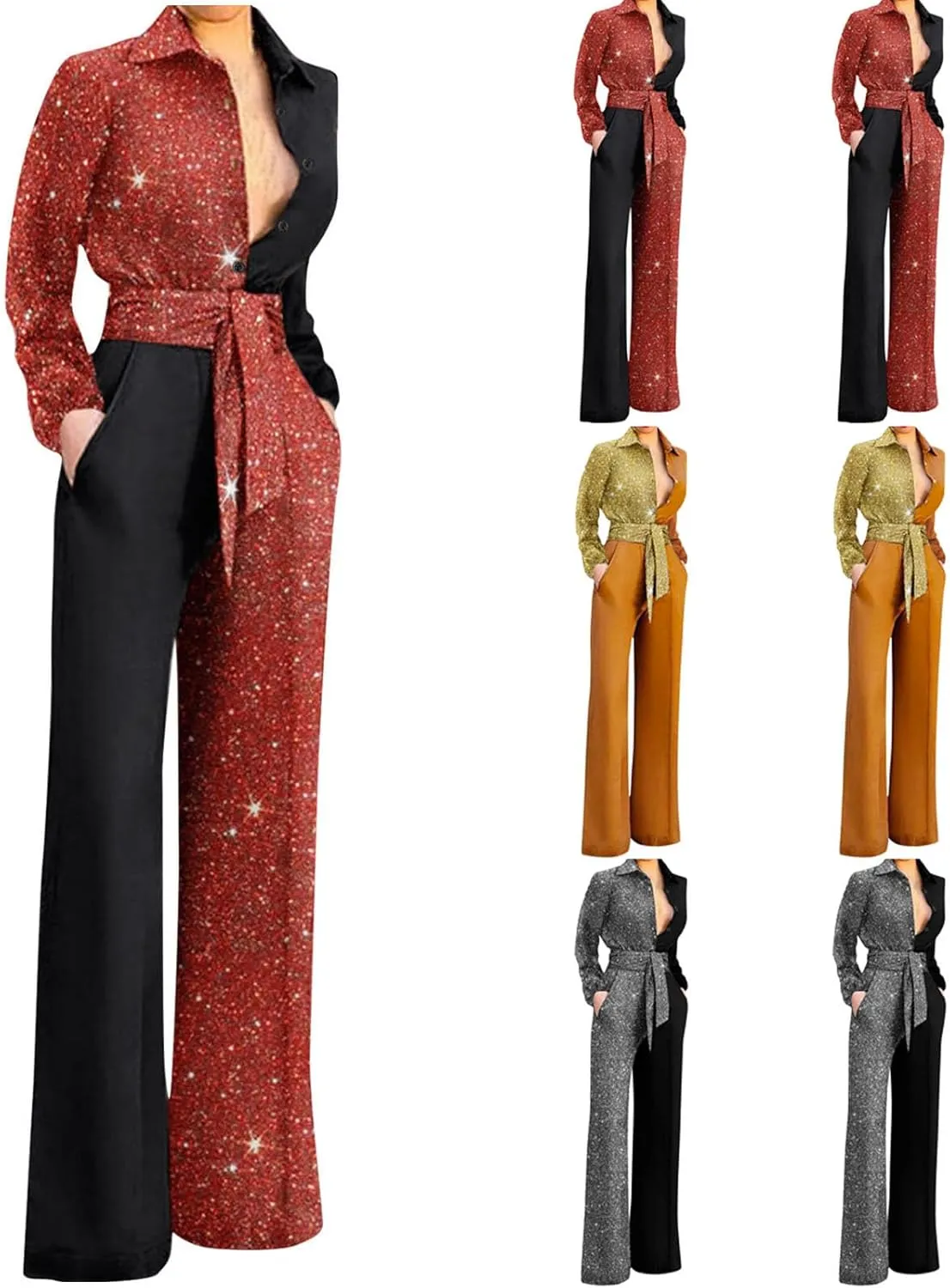 HGps8w Jumpsuits for Women Dressy Sparkly Elegant Long Sleeve Blouses High Waisted One Piece Sequins Wide Leg Pants Rompers
