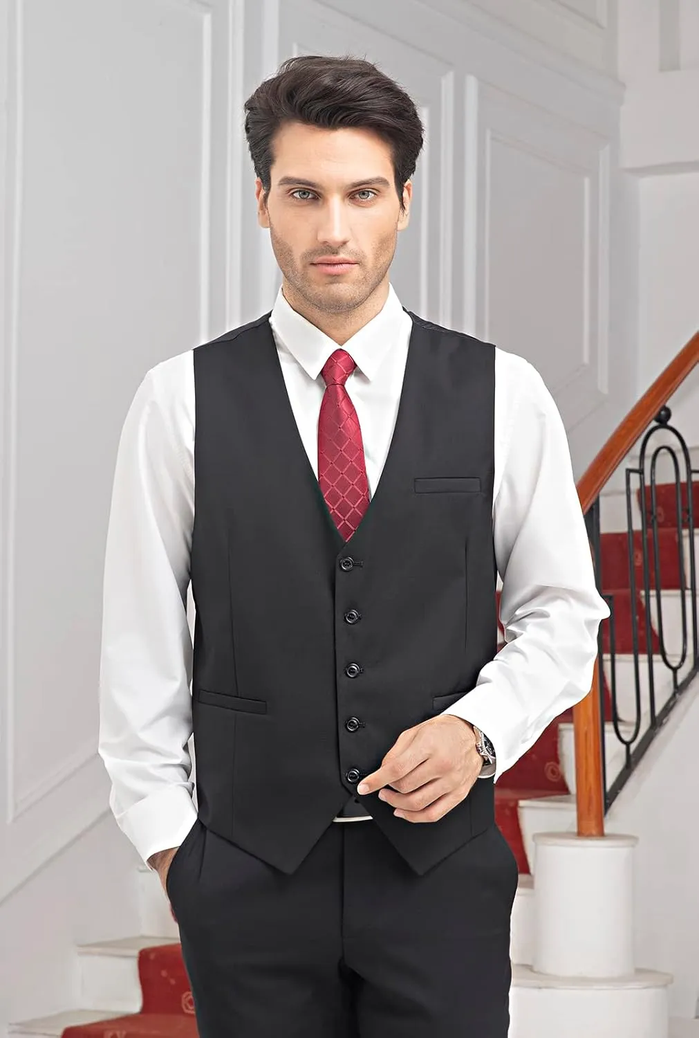 HISDERN Men's Suit Vest Business Formal Dress Waistcoat Vest with 3 Pockets for Suit or Tuxedo Slim Fit