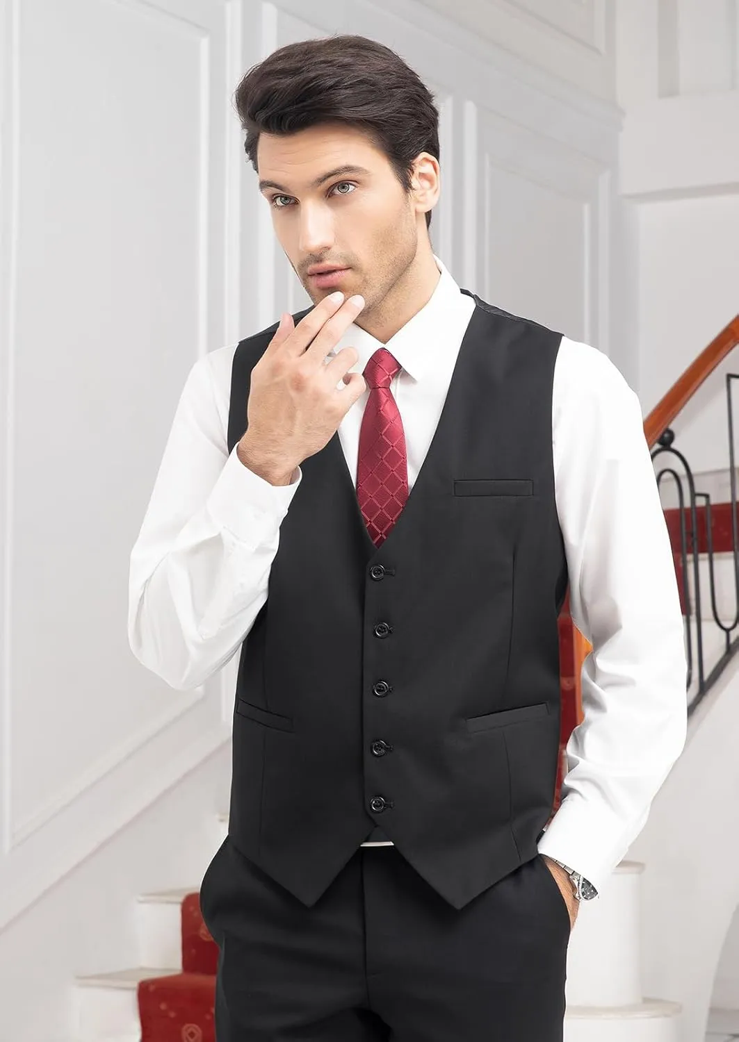 HISDERN Men's Suit Vest Business Formal Dress Waistcoat Vest with 3 Pockets for Suit or Tuxedo Slim Fit