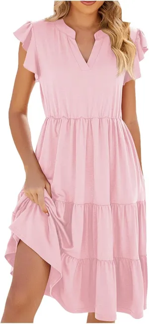 Holiday Ruffles Sleeve Boho Dress for Women Babydoll Collared V Neck Loose Swing Casual Short Tiered Mini Beach Dress