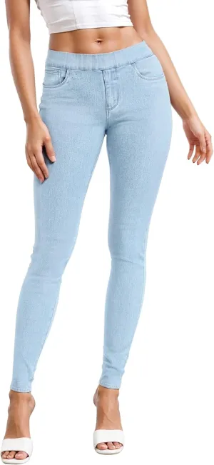 Hybrid & Company Women's Pull On Stretchy Mid Rise Skinny Fit Pants Regular or Distressed Jeans with Long Short Inseam