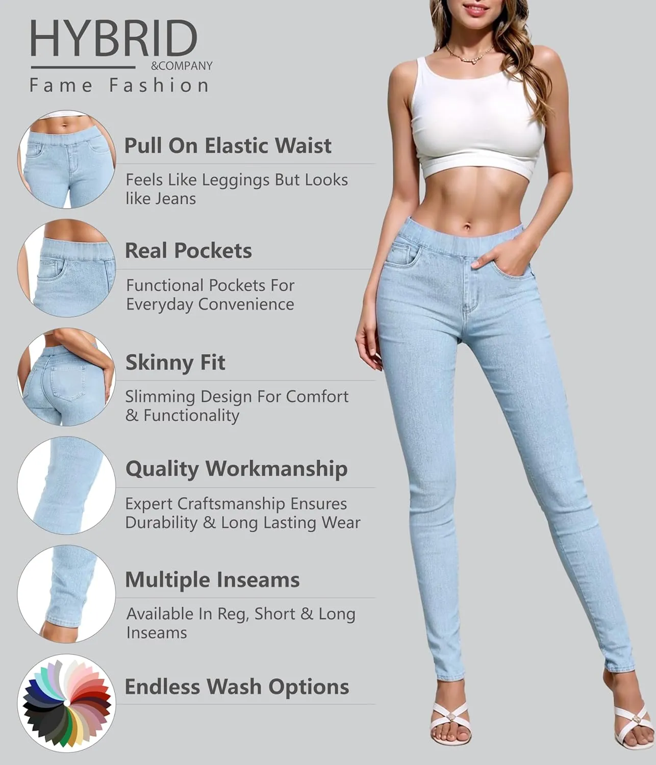 Hybrid & Company Women's Pull On Stretchy Mid Rise Skinny Fit Pants Regular or Distressed Jeans with Long Short Inseam