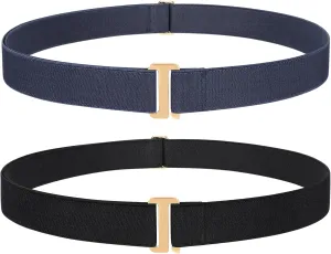 JASGOOD 2 Pack Women Stretch Belt No Show Elastic Web Strap Belt with Flat Buckle for Jeans Pants Dresses