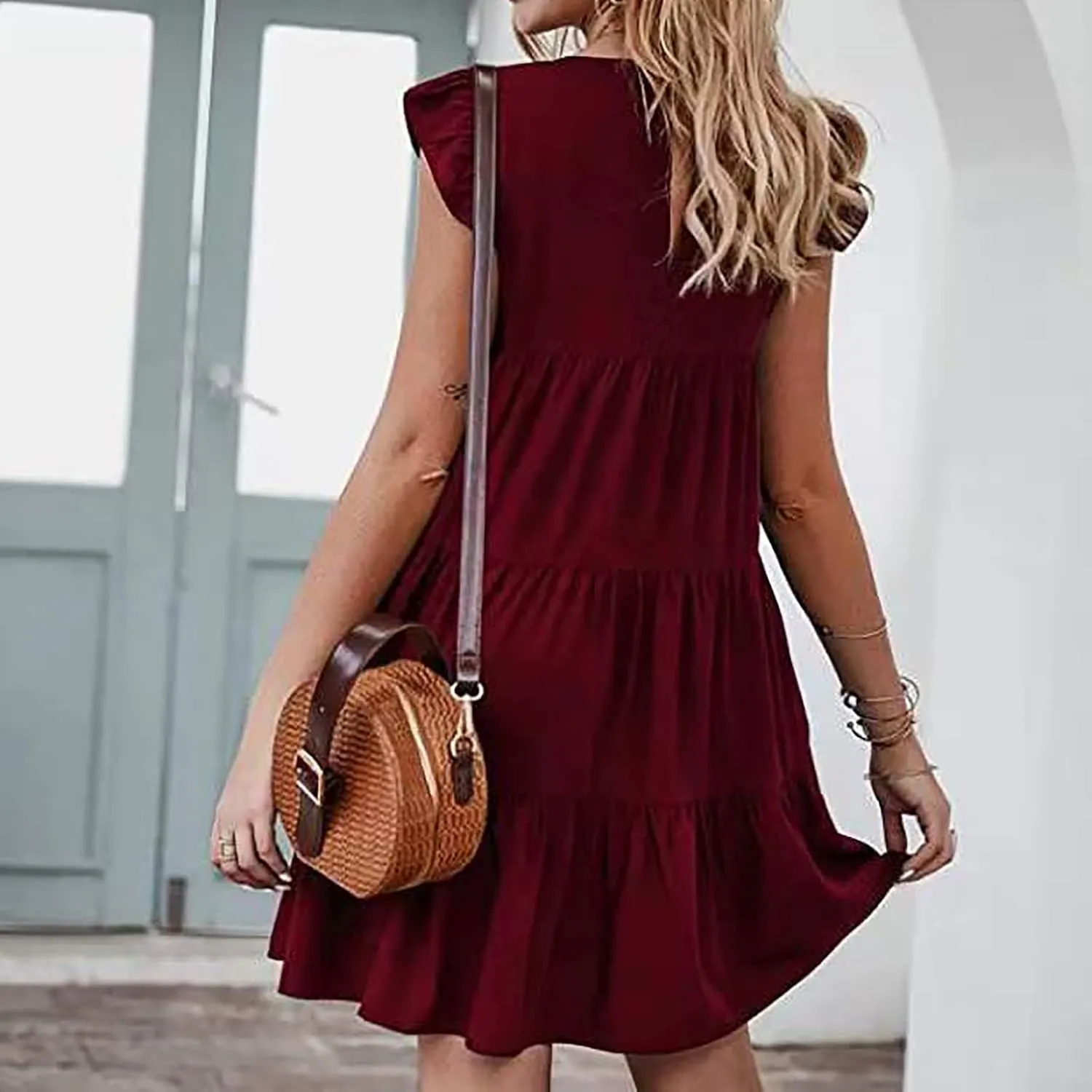JOAU Women's 2024 Summer Casual Dresses Ruffle Cap Sleeve Crew Neck Loose Fit Sundress Flowy Tiered Swing Beach Mini Dress