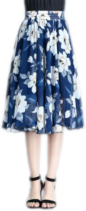 Kafeimali Women's Elastic Chiffon Floral High Waist Pleated Midi Skirt Dress