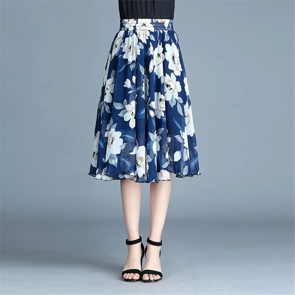 Kafeimali Women's Elastic Chiffon Floral High Waist Pleated Midi Skirt Dress