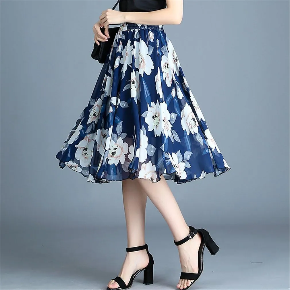 Kafeimali Women's Elastic Chiffon Floral High Waist Pleated Midi Skirt Dress