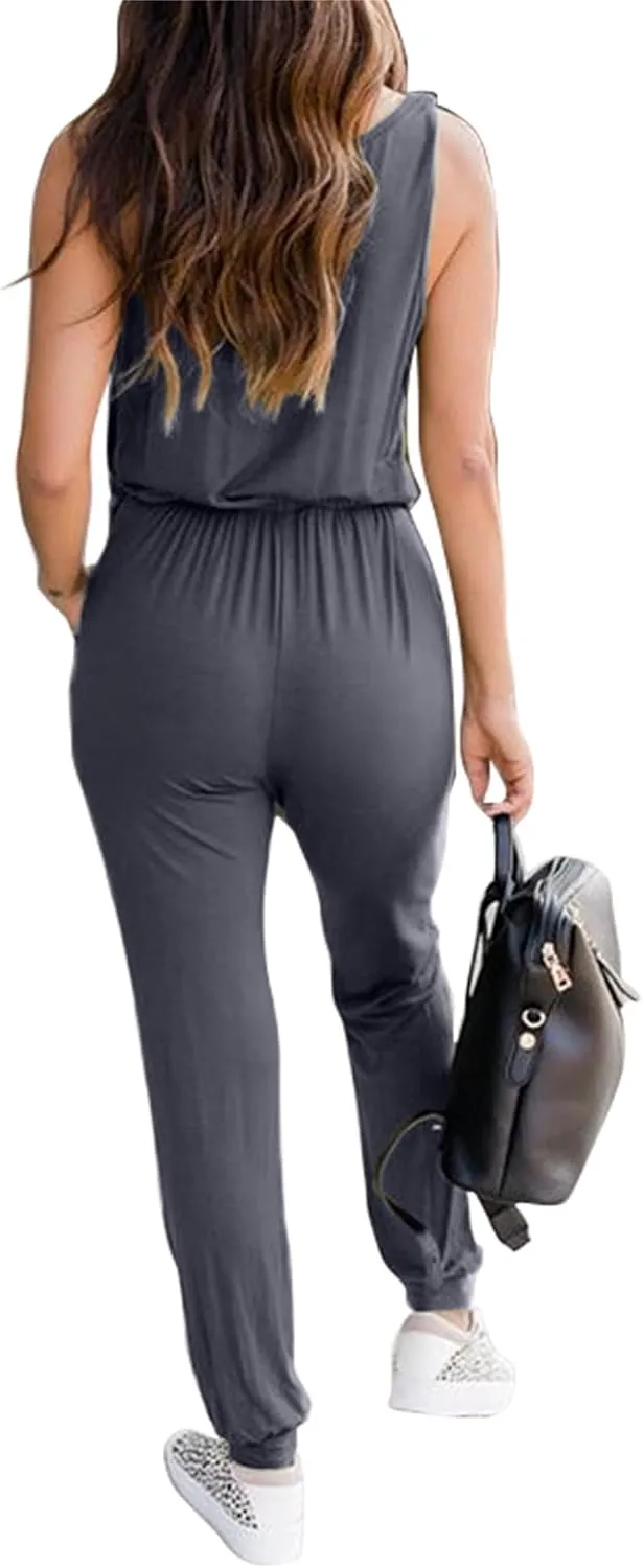 KIRUNDO Women 2025 Summer Jumpsuits Casual Sleeveless Drawstring Elastic Waist Romper Vacation Cruise Airport Travel Outfits