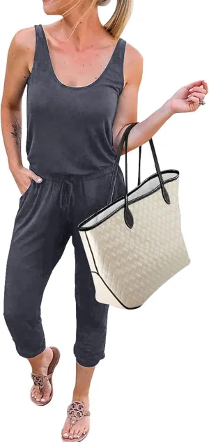 KIRUNDO Women 2025 Summer Jumpsuits Casual Sleeveless Drawstring Elastic Waist Romper Vacation Cruise Airport Travel Outfits