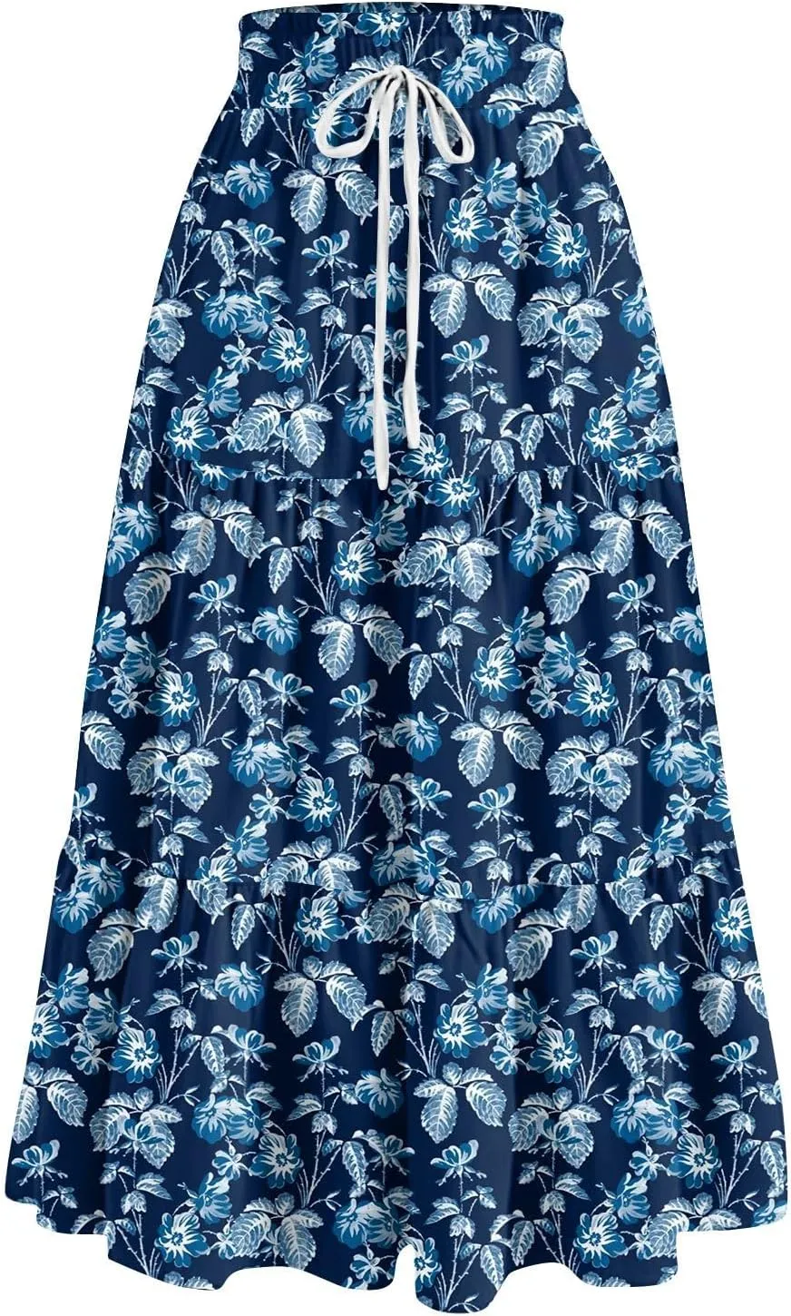 KUIOLYPOER Women's Chiffon Pleated Skirts Womens Summer Flowy Midi Skirts Casual Lightweight High Waisted Floral Beach Skirt