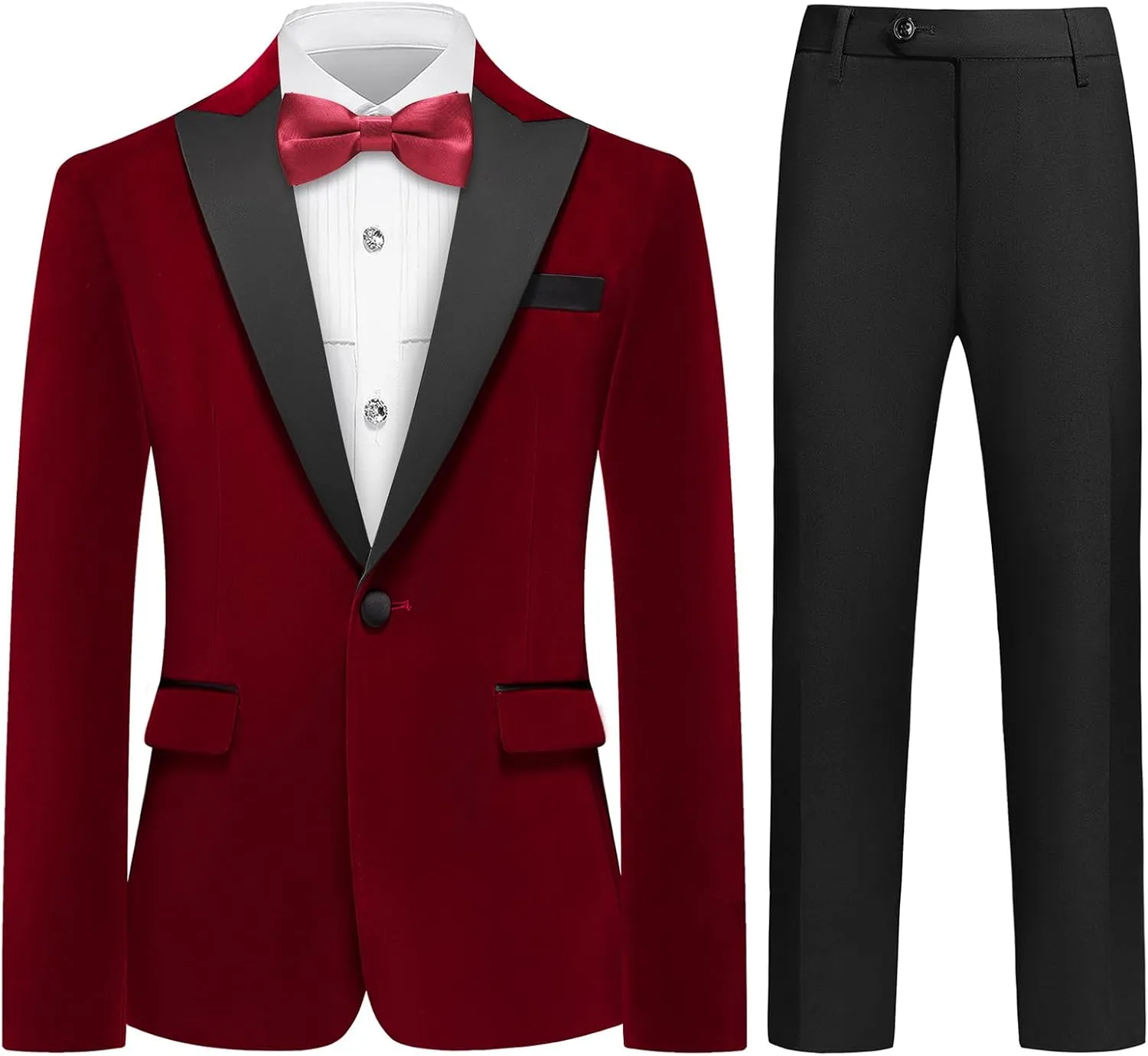 Lamgool Boys Velvet Suit Slim Fit 4 Piece Tuxedo Set with Blazer Jacket Dress Shirt Pant Bow Tie Kids Wedding Formal Outfit