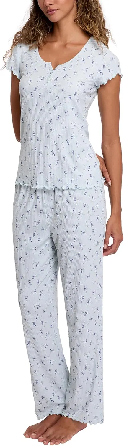 Laura Ashley Women's Pajamas 2 Piece Ribbed Knit Short Sleeve Henley Top and Pants PJ Set