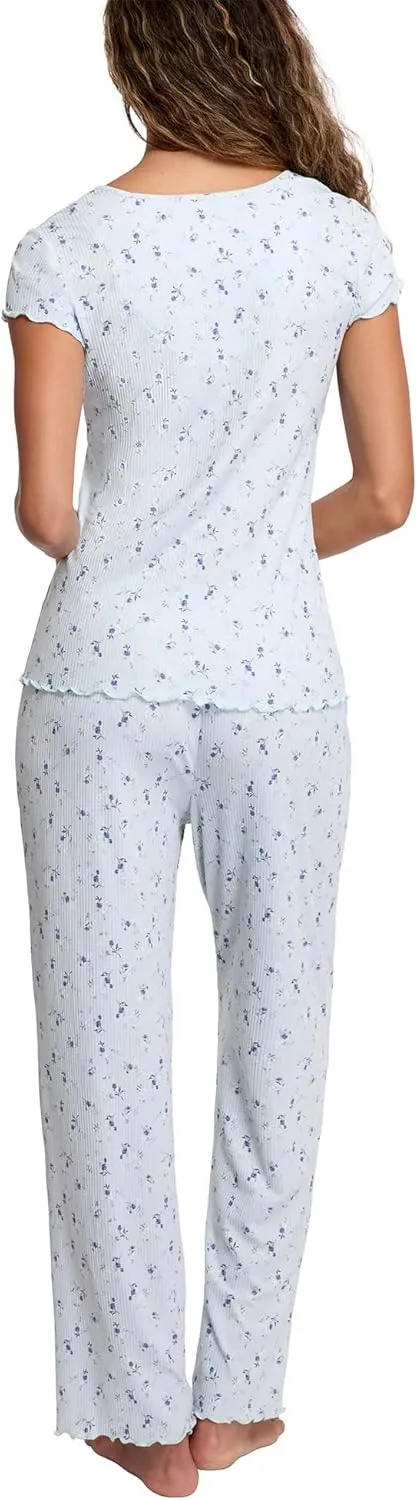 Laura Ashley Women's Pajamas 2 Piece Ribbed Knit Short Sleeve Henley Top and Pants PJ Set