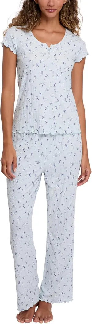 Laura Ashley Women's Pajamas 2 Piece Ribbed Knit Short Sleeve Henley Top and Pants PJ Set