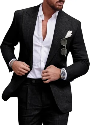Linen Men Suit Set Casual Tuxedo 2 Piece Regular Fit Blazer One Button Solid Jacket and Pants for Prom Wedding Party