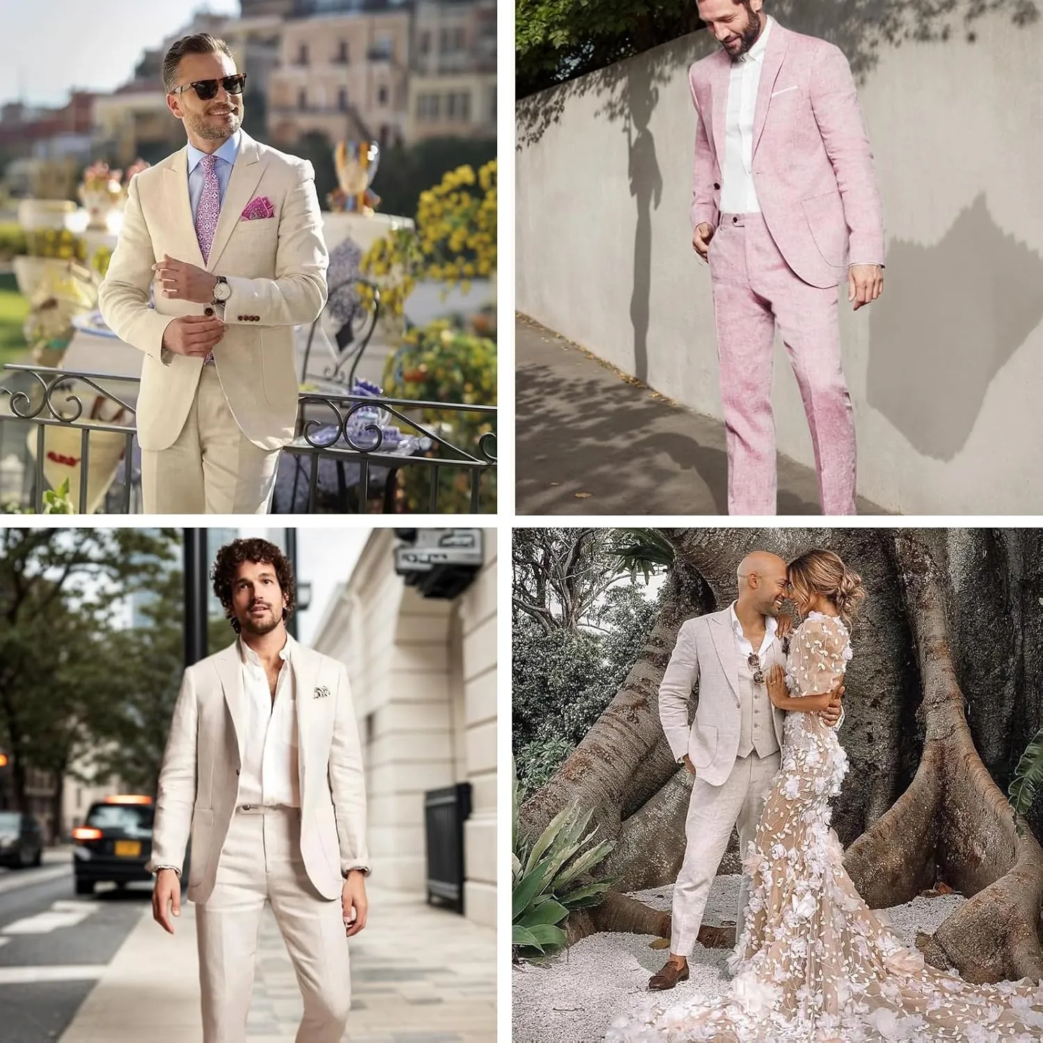 Linen Men Suit Set Casual Tuxedo 2 Piece Regular Fit Blazer One Button Solid Jacket and Pants for Prom Wedding Party
