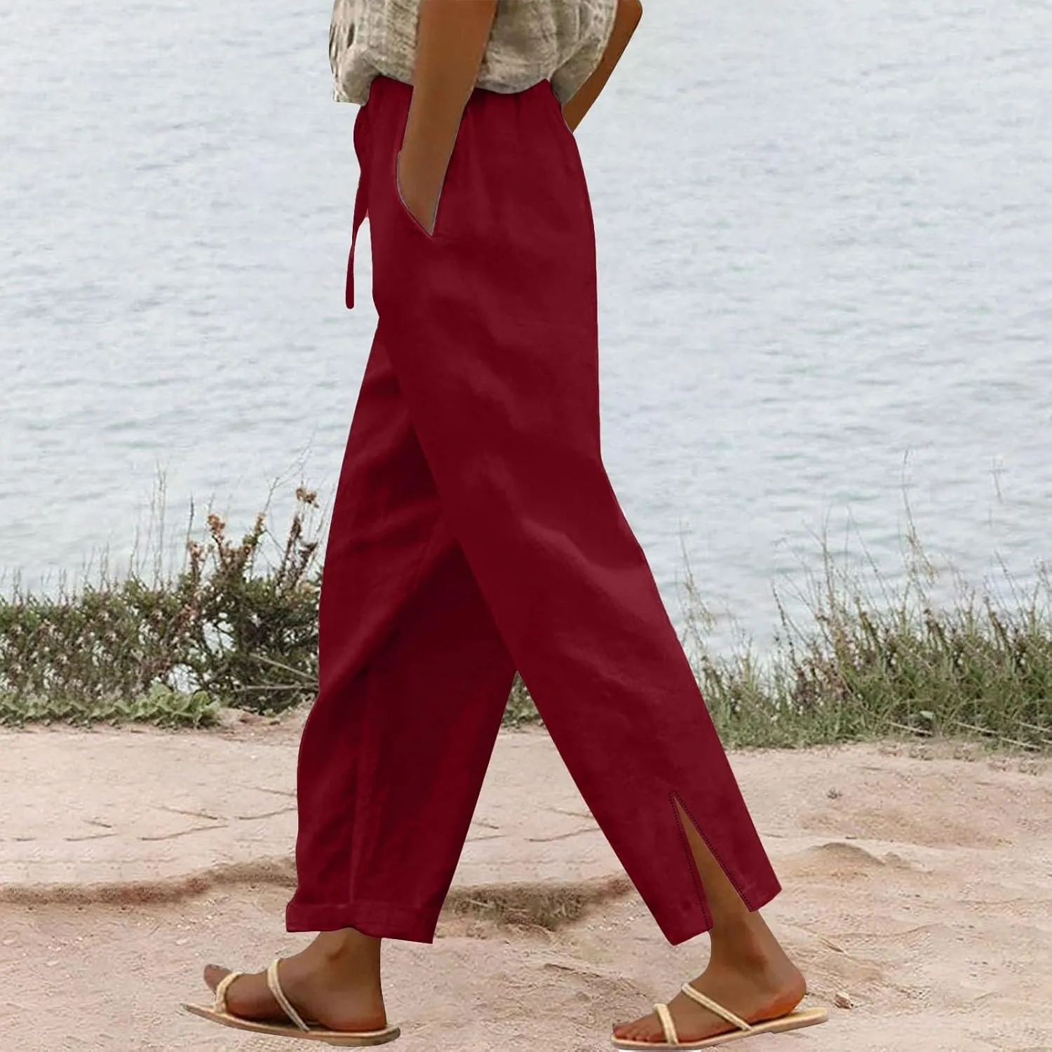 Linen Pants for Women 2025 Summer High Waist Elastic Straight Leg Lounge Pant Casual Loose Lightweight Beach Trousers