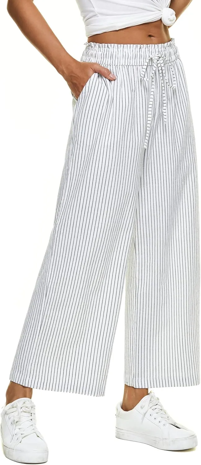 LNX Womens Linen Pants High Waisted Wide Leg Drawstring Casual Loose Trousers with Pockets