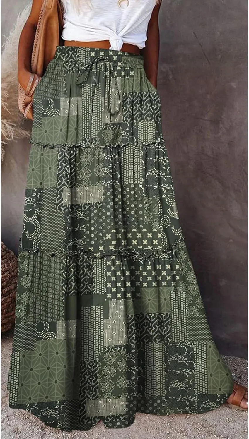 Long Skirts for Women Boho Floral High Waisted Casual A Line Skirt Pleated Beach Flowy Swing Maxi Skirts