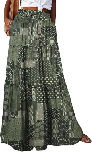 Long Skirts for Women Boho Floral High Waisted Casual A Line Skirt Pleated Beach Flowy Swing Maxi Skirts